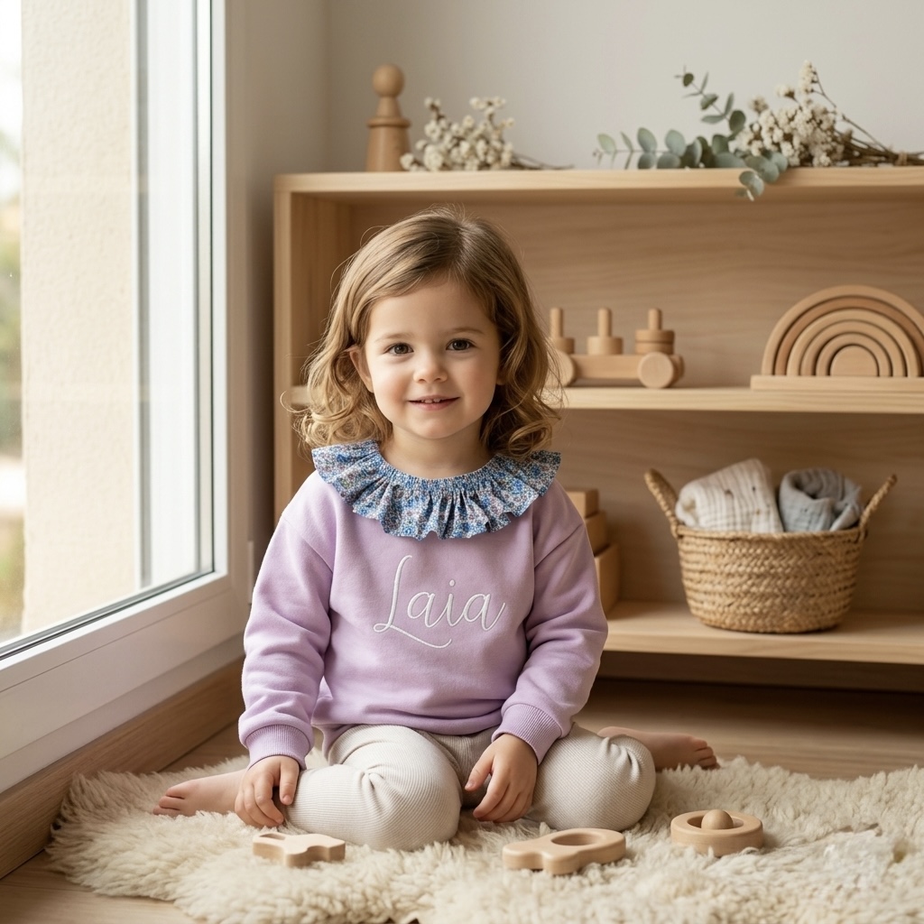 SUDADERA INFANTIL PERSONALIZADA CON CUELLO VOLANTE (3 meses–12 años) | Bordado o Serigrafía - Imagen 4