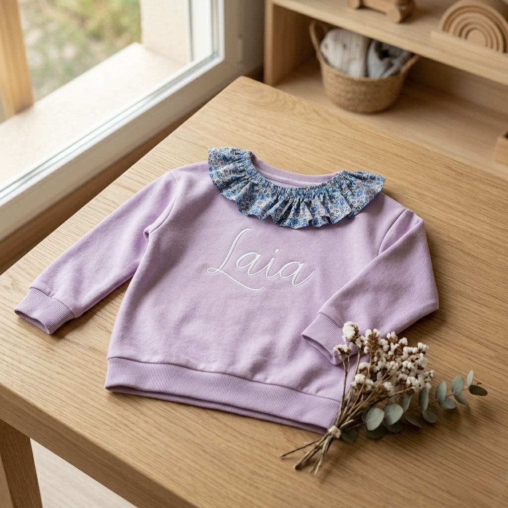 SUDADERA INFANTIL PERSONALIZADA CON CUELLO VOLANTE (3 meses–12 años) | Bordado o Serigrafía - Imagen 3