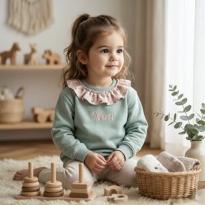 SUDADERA INFANTIL PERSONALIZADA CON CUELLO VOLANTE (3 meses–12 años) | Bordado o Serigrafía