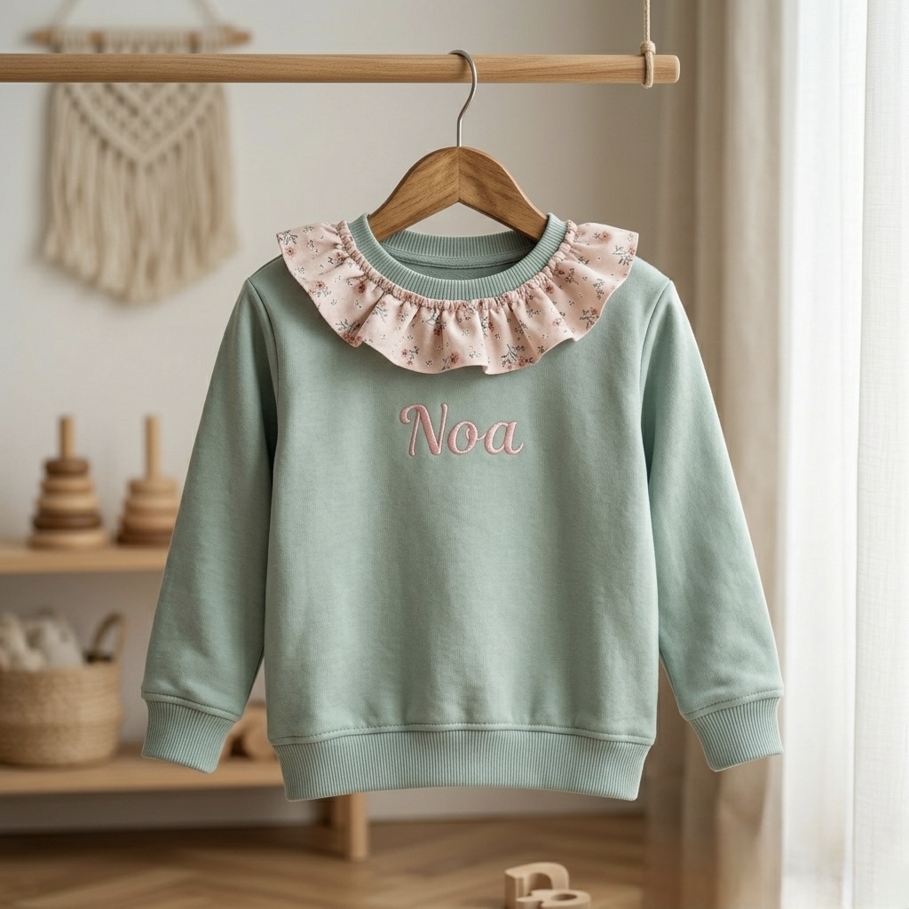 SUDADERA INFANTIL PERSONALIZADA CON CUELLO VOLANTE (3 meses–12 años) | Bordado o Serigrafía - Imagen 2
