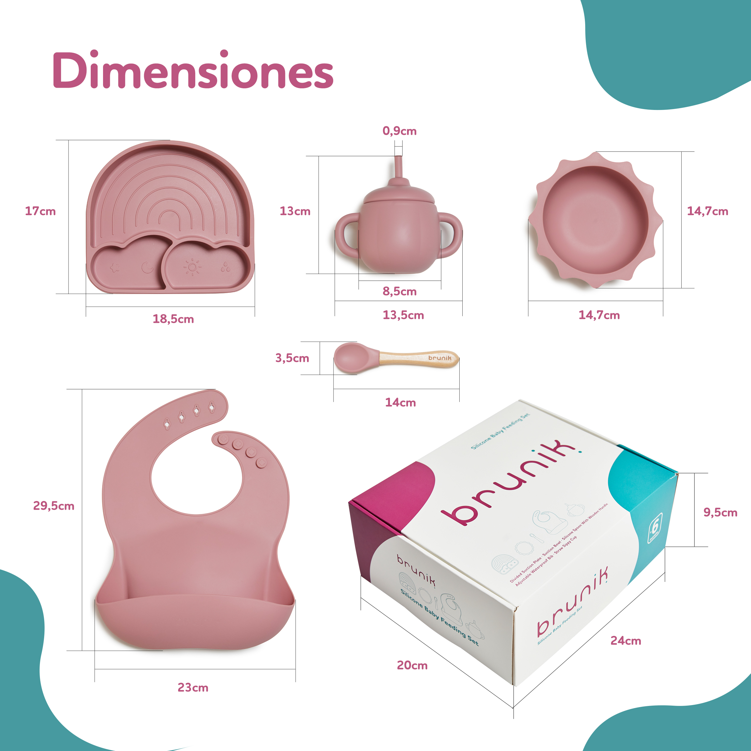 Vajilla bebé de 5 piezas con caja de regalo - Rosa Oscuro - Imagen 6