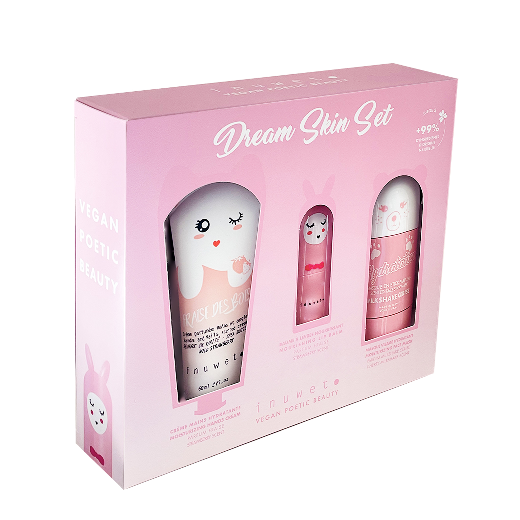 Caja Dream Rosa: Mascarilla facial stick cereza + crema manos fresa + bálsamo labial fresa - Imagen 2