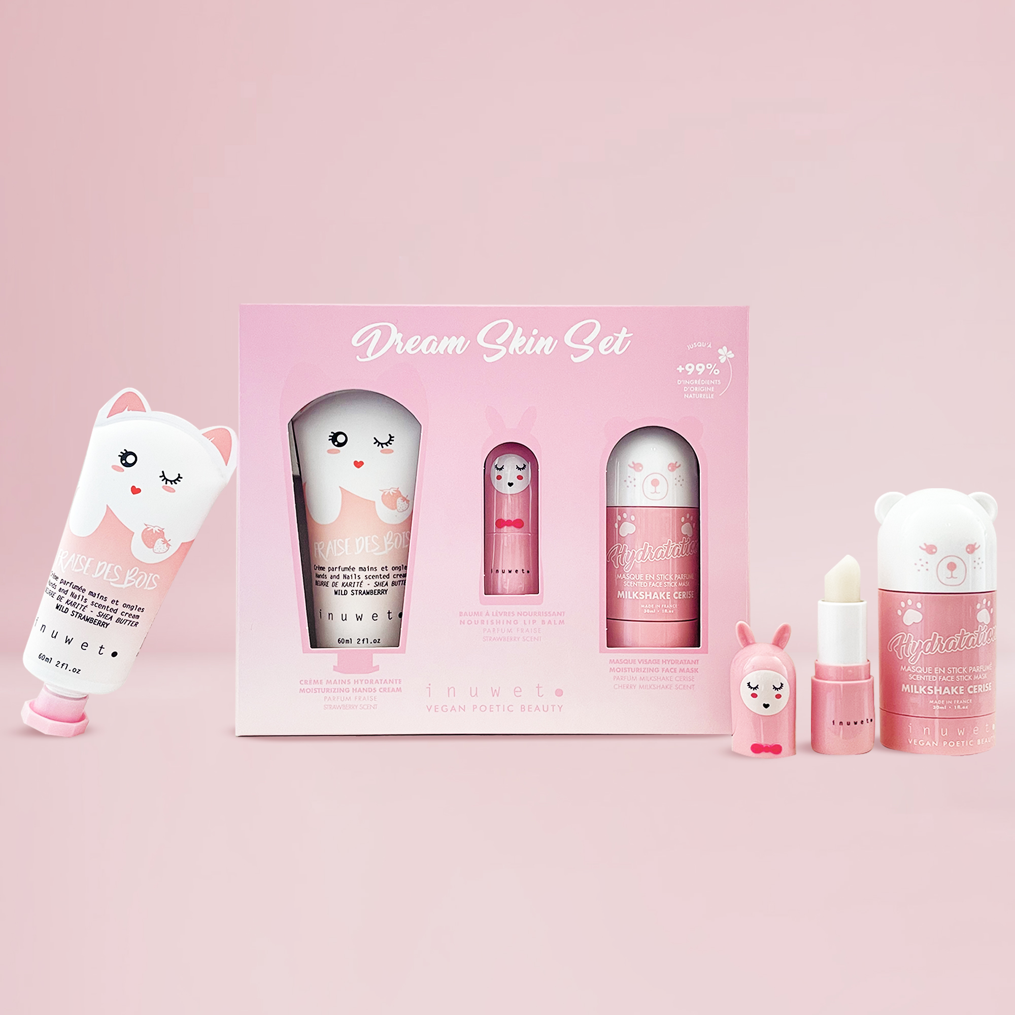 Caja Dream Rosa: Mascarilla facial stick cereza + crema manos fresa + bálsamo labial fresa - Imagen 3