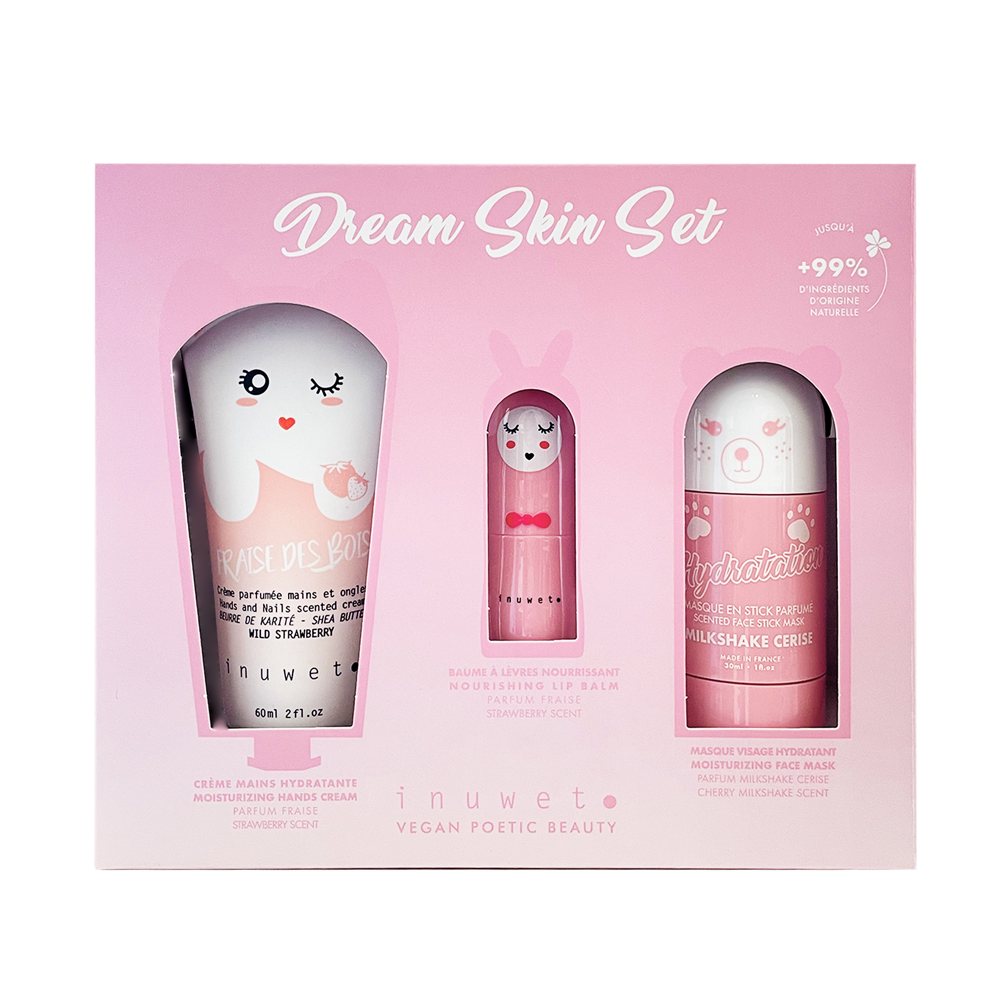 Caja Dream Rosa: Mascarilla facial stick cereza + crema manos fresa + bálsamo labial fresa
