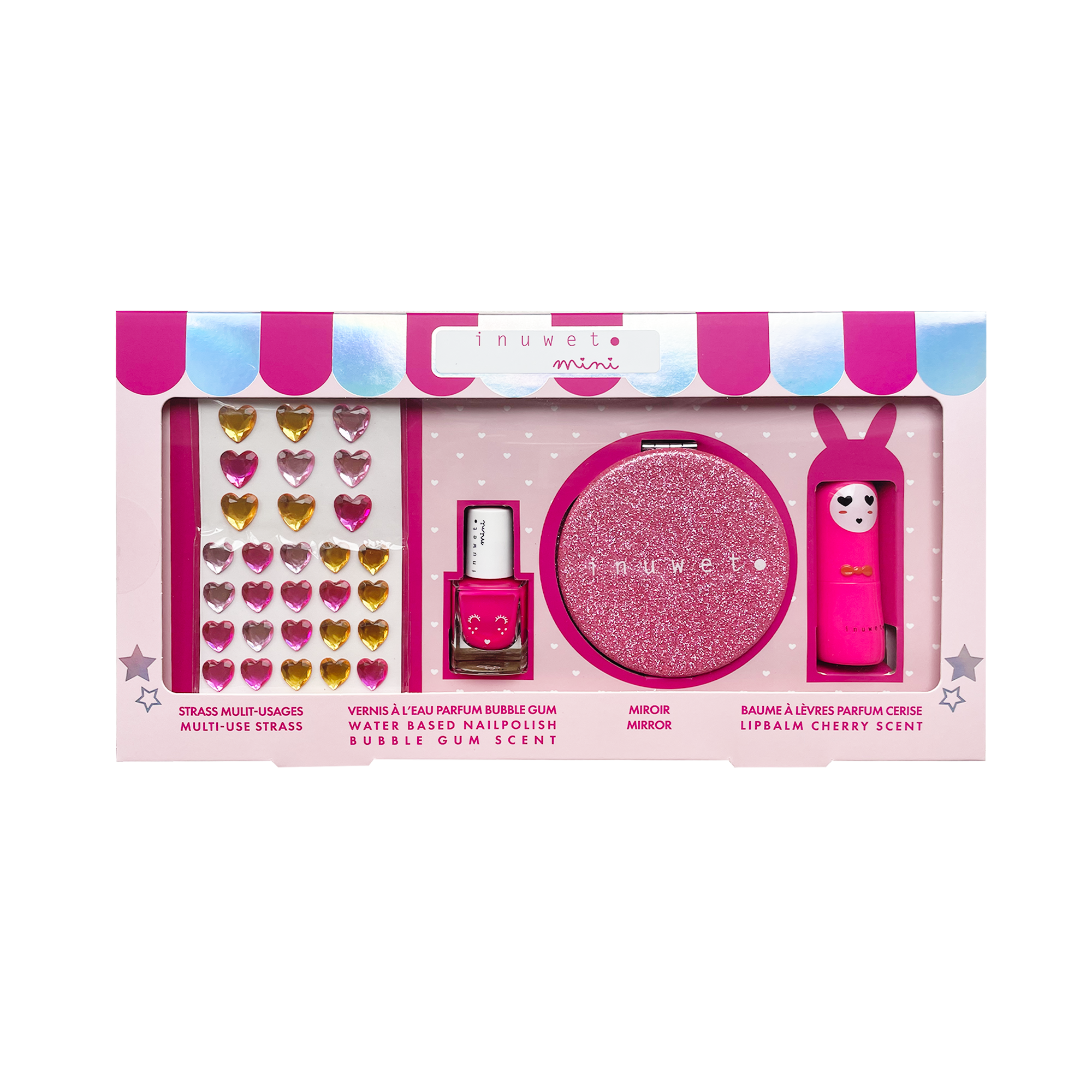 Mini Set Glitter girl Rosa: pedrería facial & corporal + esmalte de uñas fucsia-fresa + espejo purpurina + labial fucsia-cereza - Imagen 2