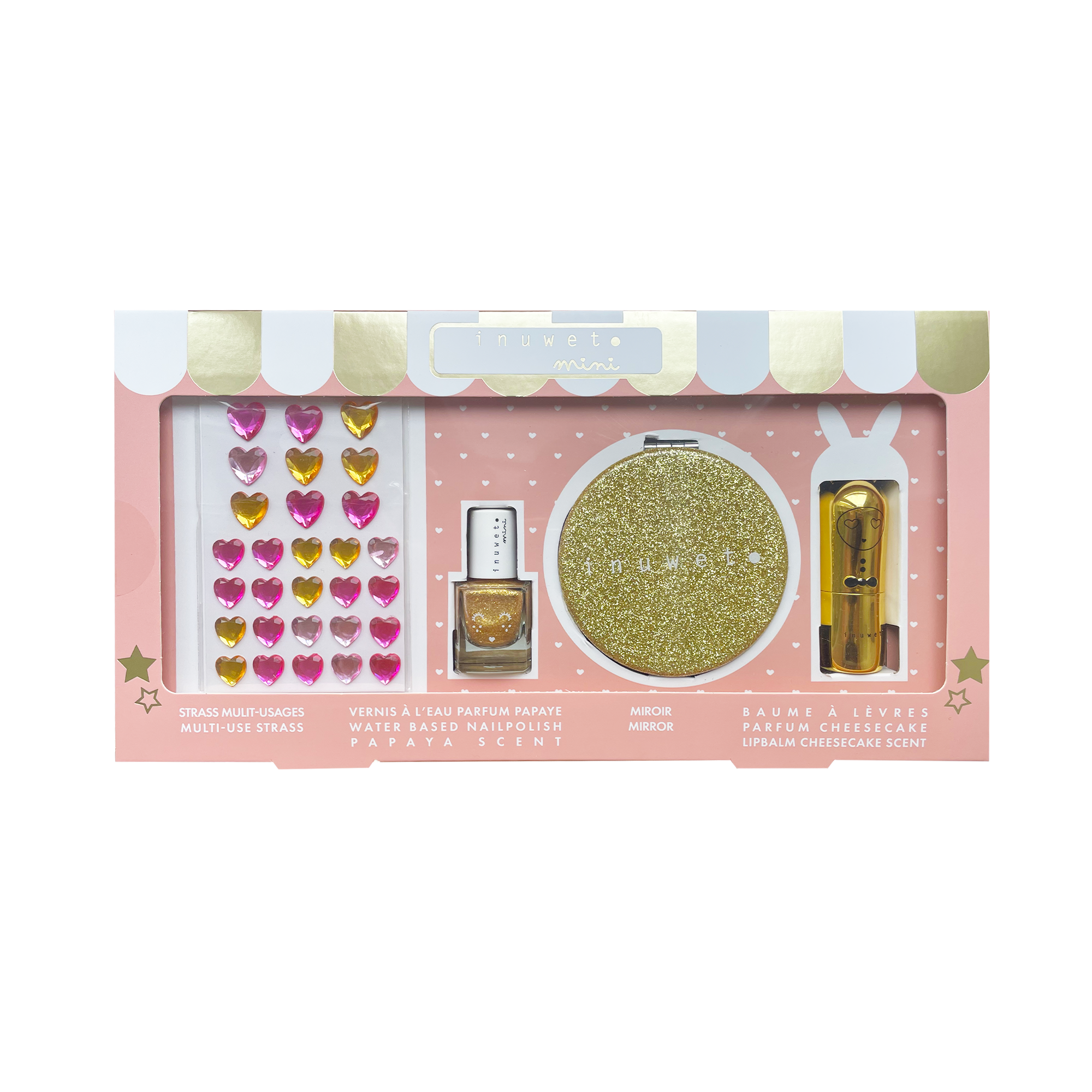 Mini Set Glitter girl Dorado: pedrería facial & corporal + esmalte de uñas dorado-papaya + espejo purpurina + labial dorado-cheescake - Imagen 2