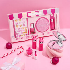 Mini Set Glitter girl Rosa: pedrería facial & corporal + esmalte de uñas fucsia-fresa + espejo purpurina + labial fucsia-cereza