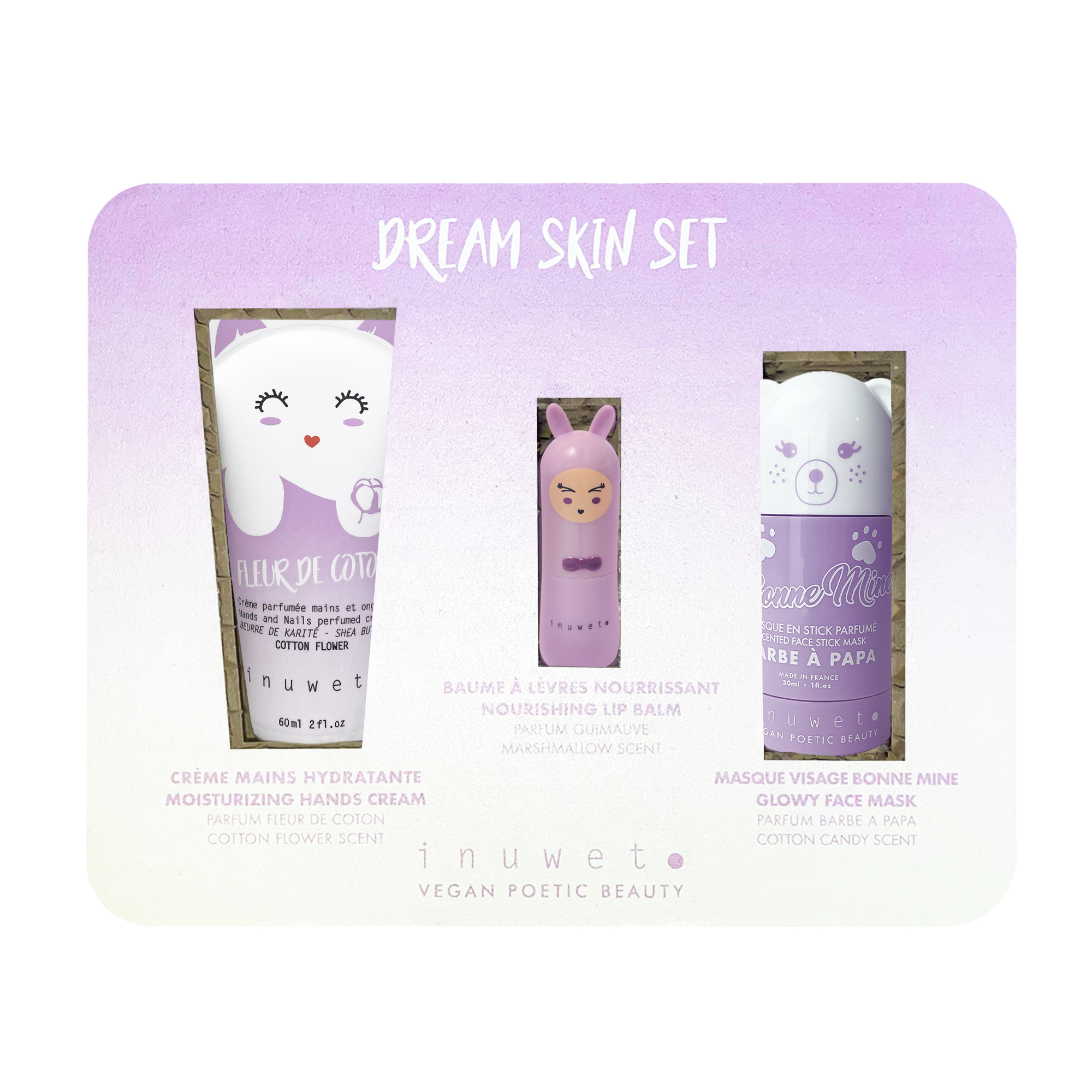 Caja Dream Morada: Mascarilla facial stick algodón de azúcar + crema manos flor algodón + bálsamo labial nube