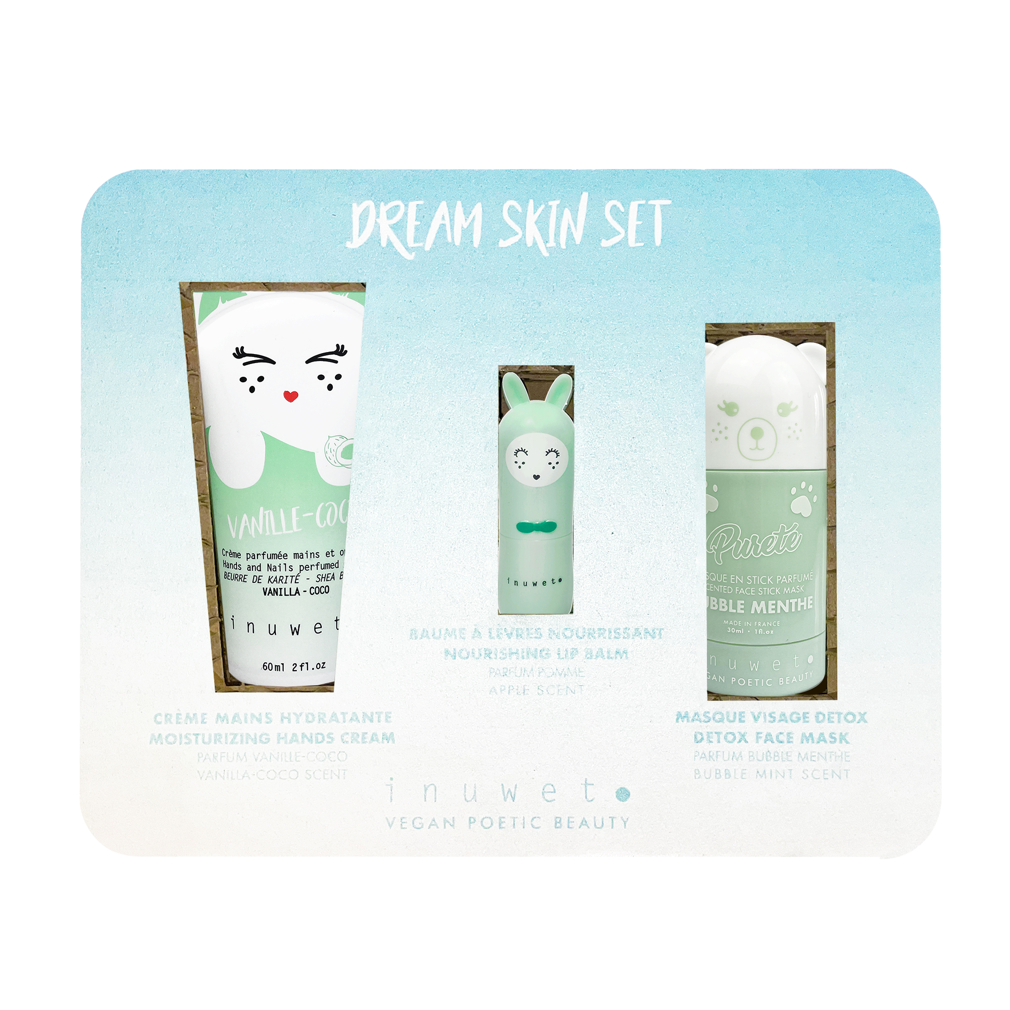 CAJA DREAM AQUA: Mascarilla facial stick chicle menta + crema manos vainilla + bálsamo labial manzana