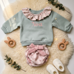 Conjunto 2 Piezas Personalizado | Sudadera Cuello Volante + Cubrepañal a Juego (0–8 años)