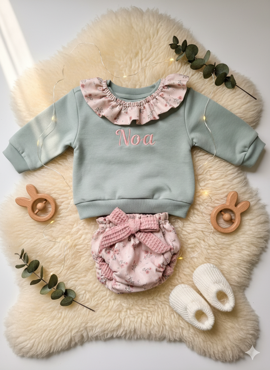 Conjunto Personalizado Sudadera Volante y Cubrepañal· Colección Rosé