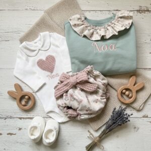 Conjunto 3 piezas Sudadera Cuello Volante Personalizada + Cubrepañal + Body/Camiseta (0–8 años)
