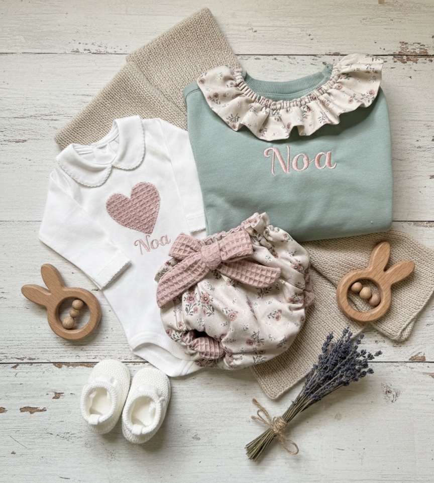 Conjunto 3 piezas Sudadera Cuello Volante Personalizada + Cubrepañal + Body/Camiseta (0–8 años)