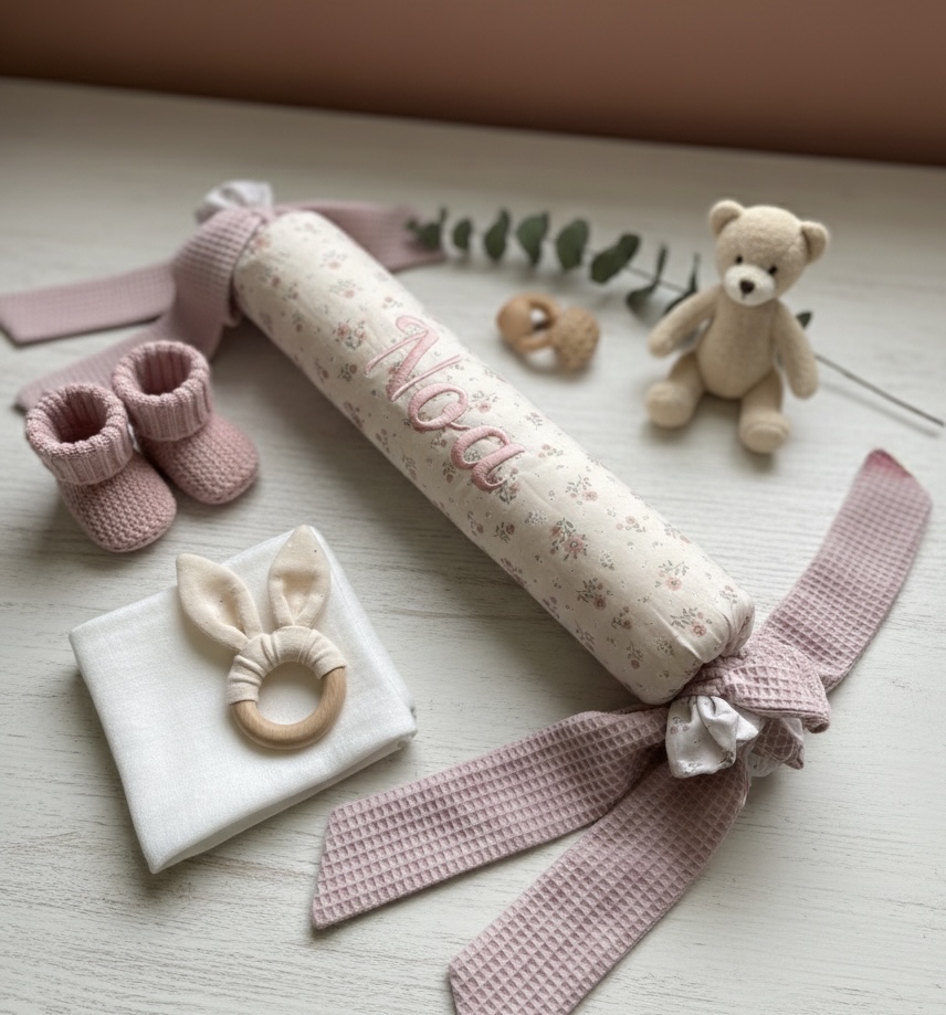 Cojín Antivuelco con Nombre Bordado | Funda Extraíble (60 cm) · Colección Rosé