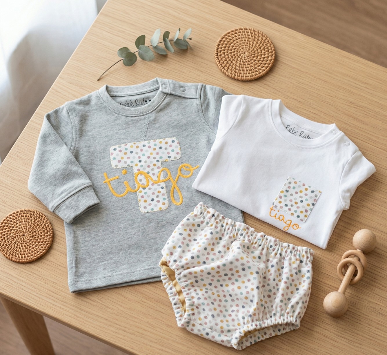 Conjunto 3 Piezas Personalizado | Sudadera Letra + Camiseta con Bolsillo + Cubrepañal (0–8 años)