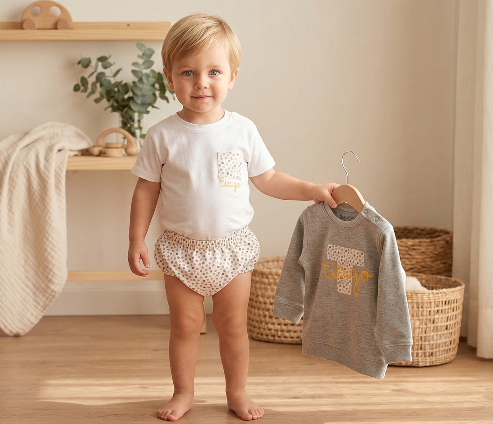 Conjunto 3 Piezas Personalizado | Sudadera Letra + Camiseta con Bolsillo + Cubrepañal (0–8 años) - Imagen 3