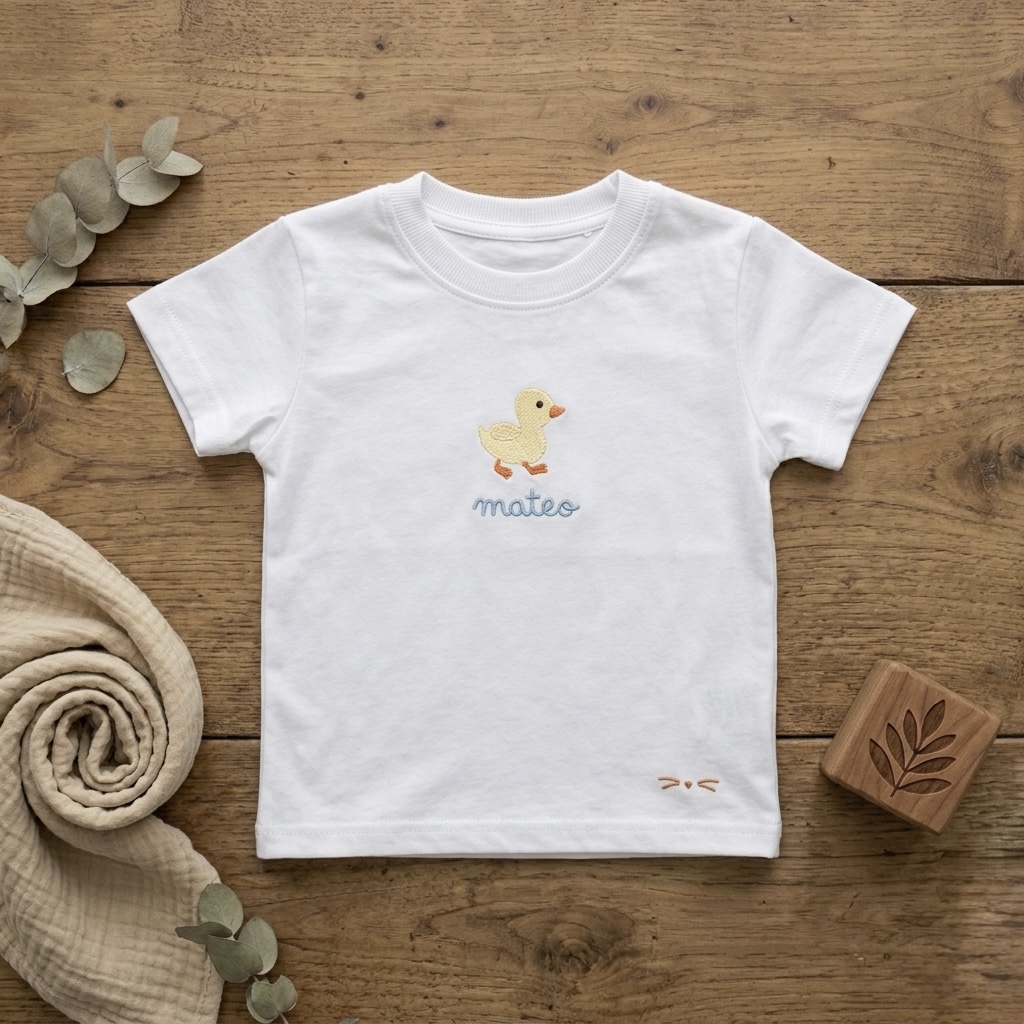 CAMISETA NIÑO/A “PATITO” PERSONALIZADA CON NOMBRE (Blanca) (3 meses–12 años) - Imagen 2
