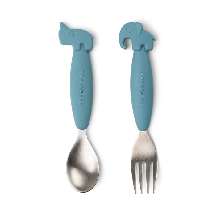 Easy-grip Cuchara y Tenedor - Deer friends - Azul