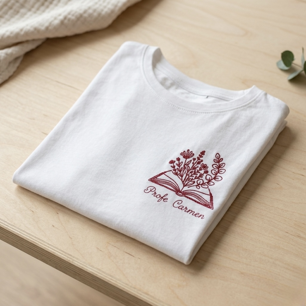Camiseta Profe Libro Abierto Bordada Personalizada | Blanca - Imagen 3
